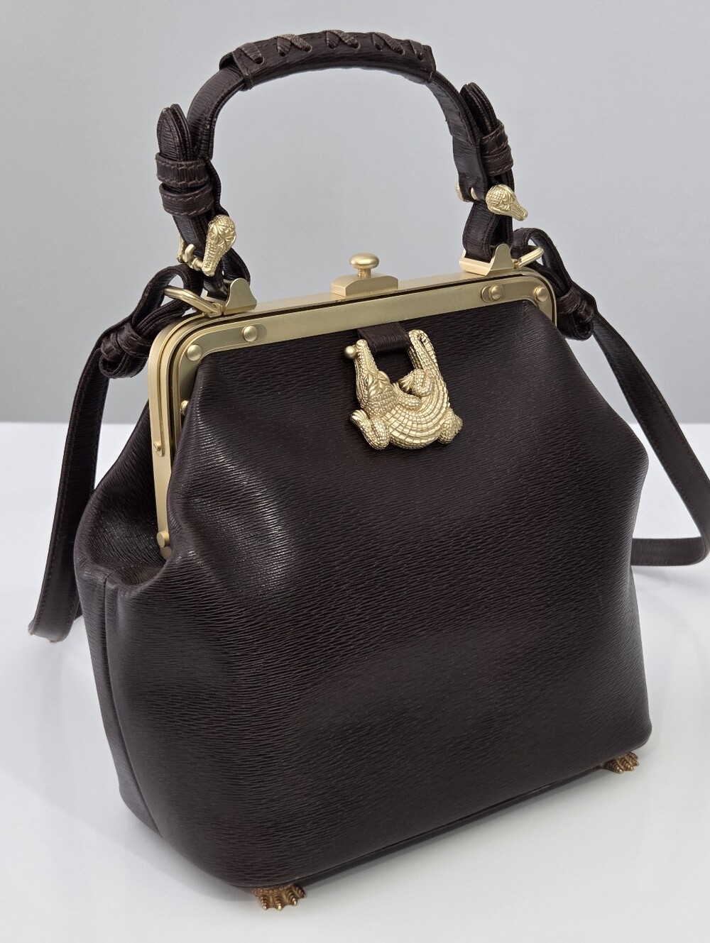 BARRY KIESELSTEIN CORD BROWN LEATHER TROPHY SATCHEL BAG ALLIGATOR FEET - Picture 2 of 16